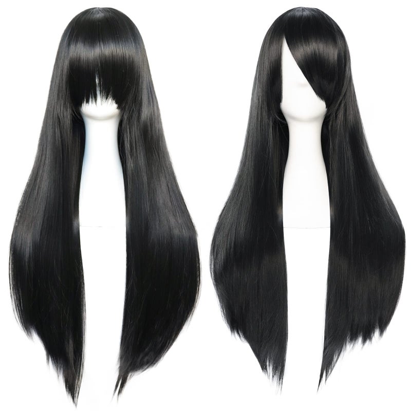 Anogol Hair Cap+32Inch/80cm Black Wig Long Straight Wig Cosplay Wig Synthetic Wig Long Black Wig with Bangs Peluca Negra Cosplay Wig for Halloween Wig With Bangs Anime Wig for Women Costume Party - Image 2